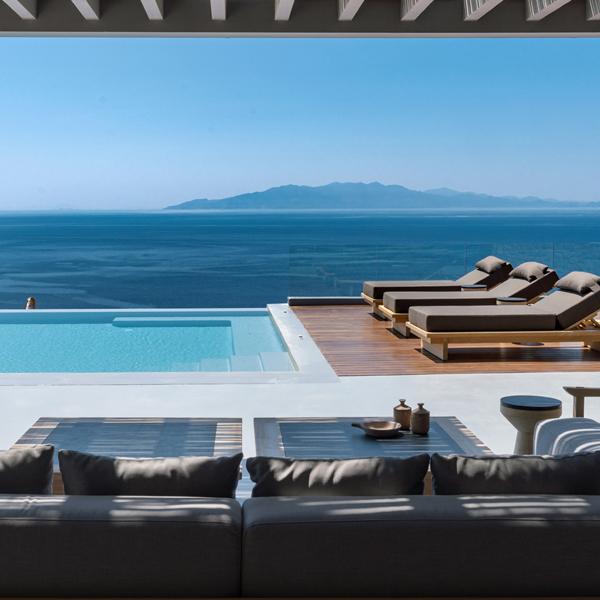 Ferienhaus mykonos Luxusvilla mieten griechenland privater pool meerblick sandstrand finest greek villas escada villa